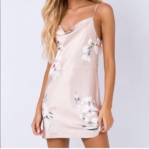 Pink floral satin cowl neck mini slip dress